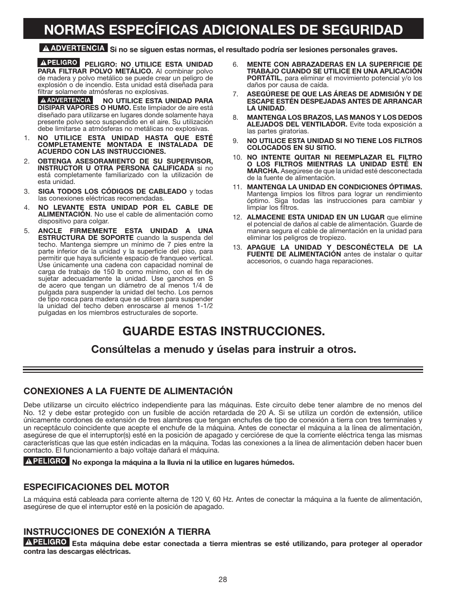 Normas específicas adicionales de seguridad, Guarde estas instrucciones | Delta AP-100 User Manual | Page 28 / 36