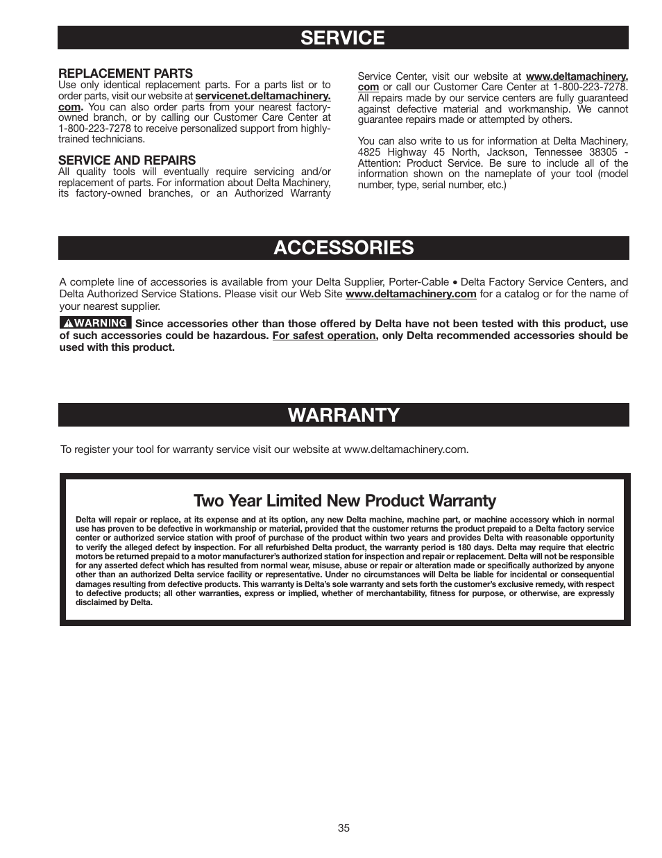 Accessories, Warranty, Service | Two year limited new product warranty | Delta AP-100 User Manual | Page 35 / 36