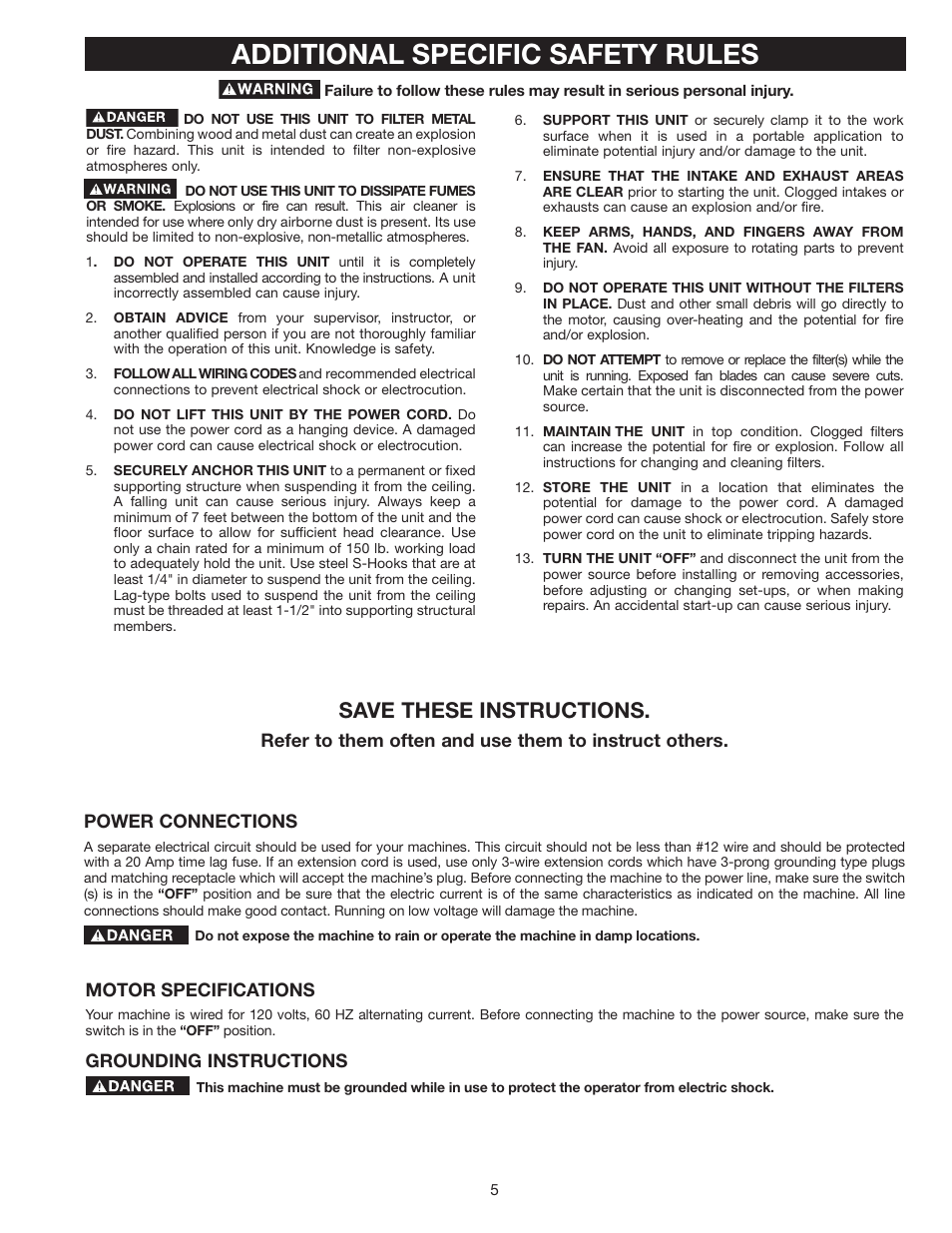 Additional specific safety rules, Save these instructions | Delta AP-100 User Manual | Page 5 / 36