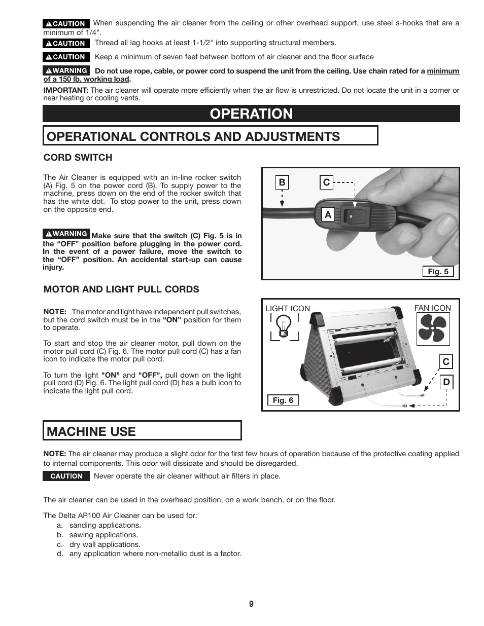 Operation, Operational controls and adjustments, Machine use | Delta AP-100 User Manual | Page 9 / 36