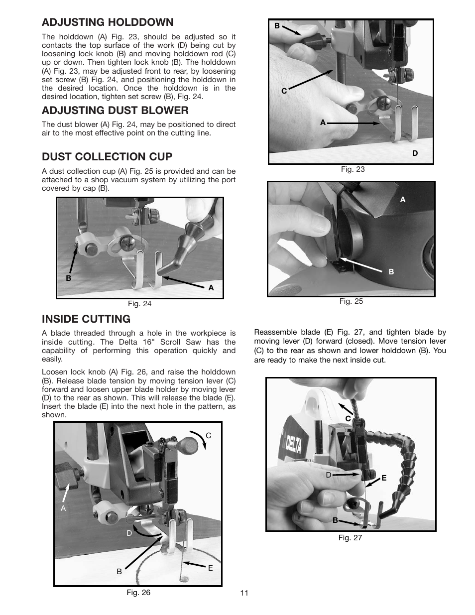 Adjusting holddown, Adjusting dust blower, Dust collection cup | Inside cutting | Delta 40-570 User Manual | Page 11 / 14