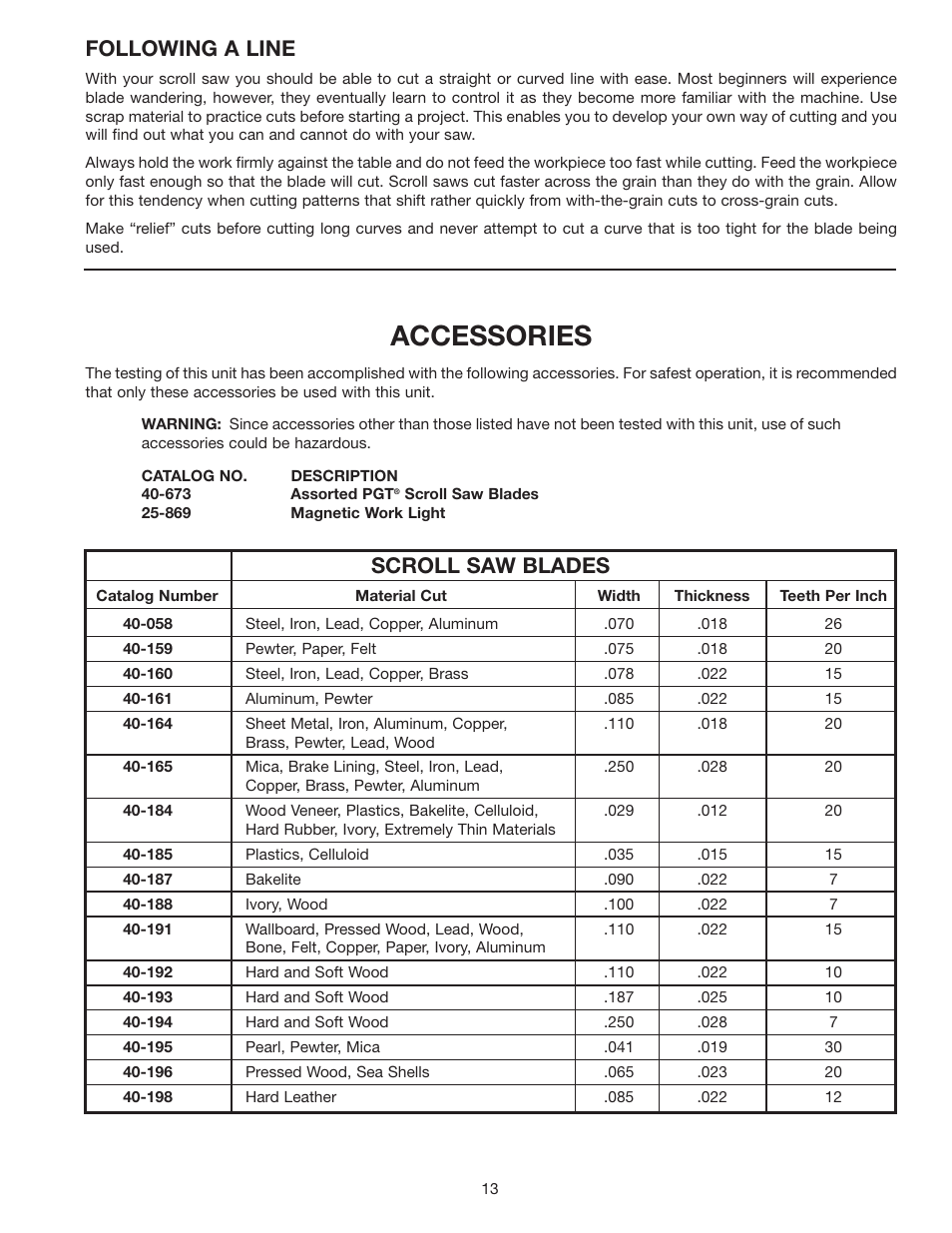 Accessories, Following a line, Scroll saw blades | Delta 40-570 User Manual | Page 13 / 14