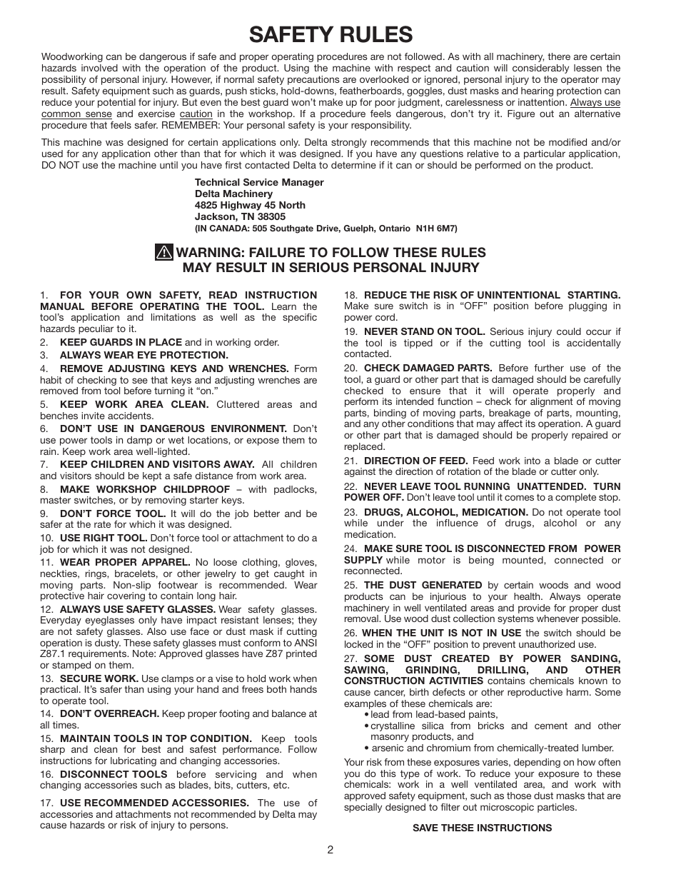 Safety rules | Delta 40-570 User Manual | Page 2 / 14