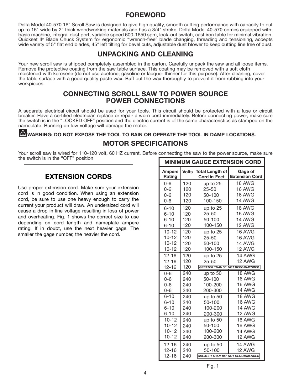 Foreword, Unpacking and cleaning, Motor specifications | Extension cords | Delta 40-570 User Manual | Page 4 / 14