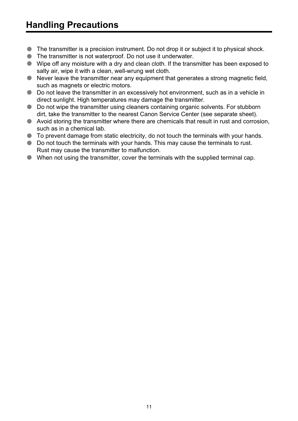 Handling precautions | Canon WFT-R10A Wireless File Transmitter for EOS R5 C & R5 Mirrorless Camera User Manual | Page 11 / 176