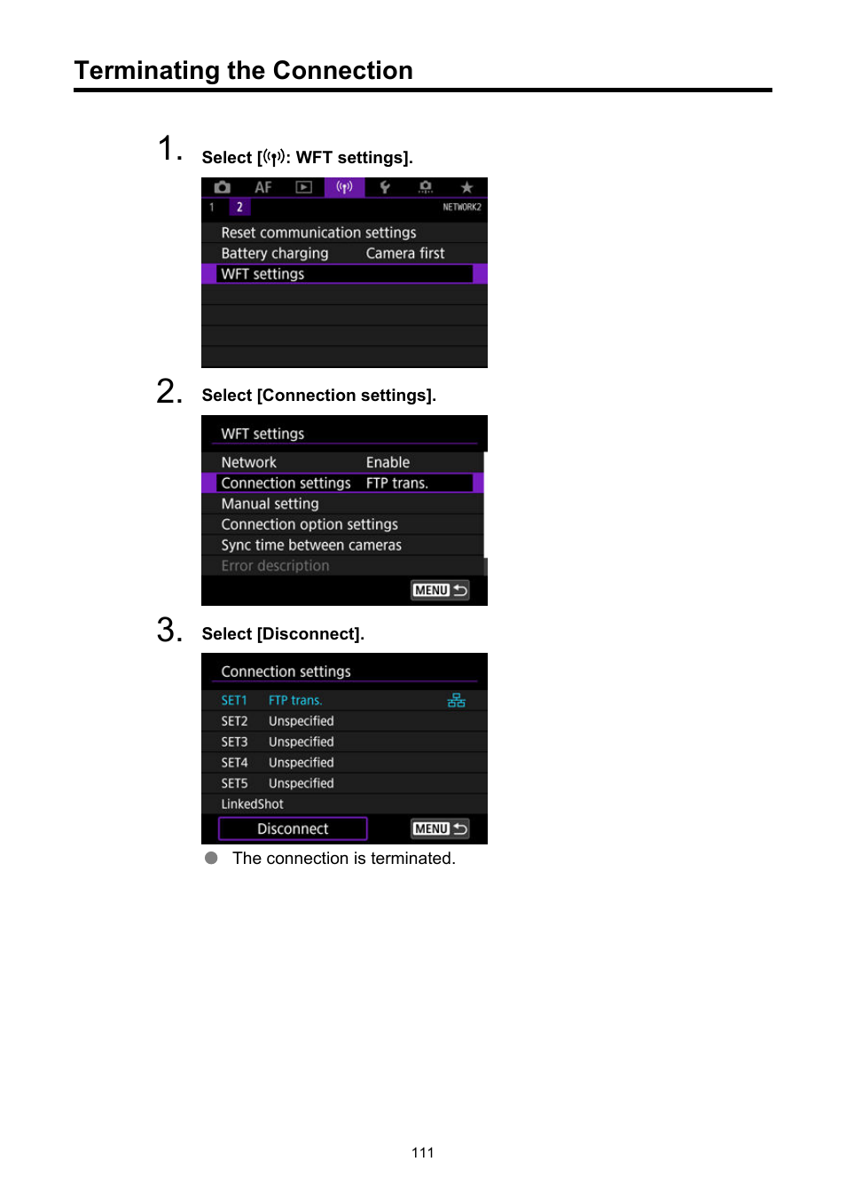 Terminating the connection | Canon WFT-R10A Wireless File Transmitter for EOS R5 C & R5 Mirrorless Camera User Manual | Page 111 / 176