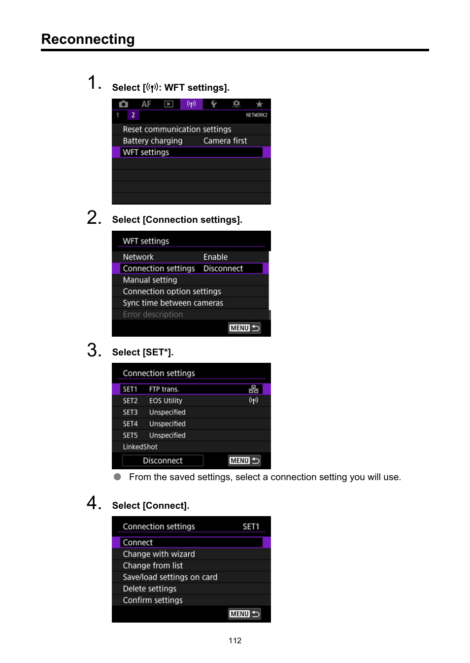 Reconnecting | Canon WFT-R10A Wireless File Transmitter for EOS R5 C & R5 Mirrorless Camera User Manual | Page 112 / 176