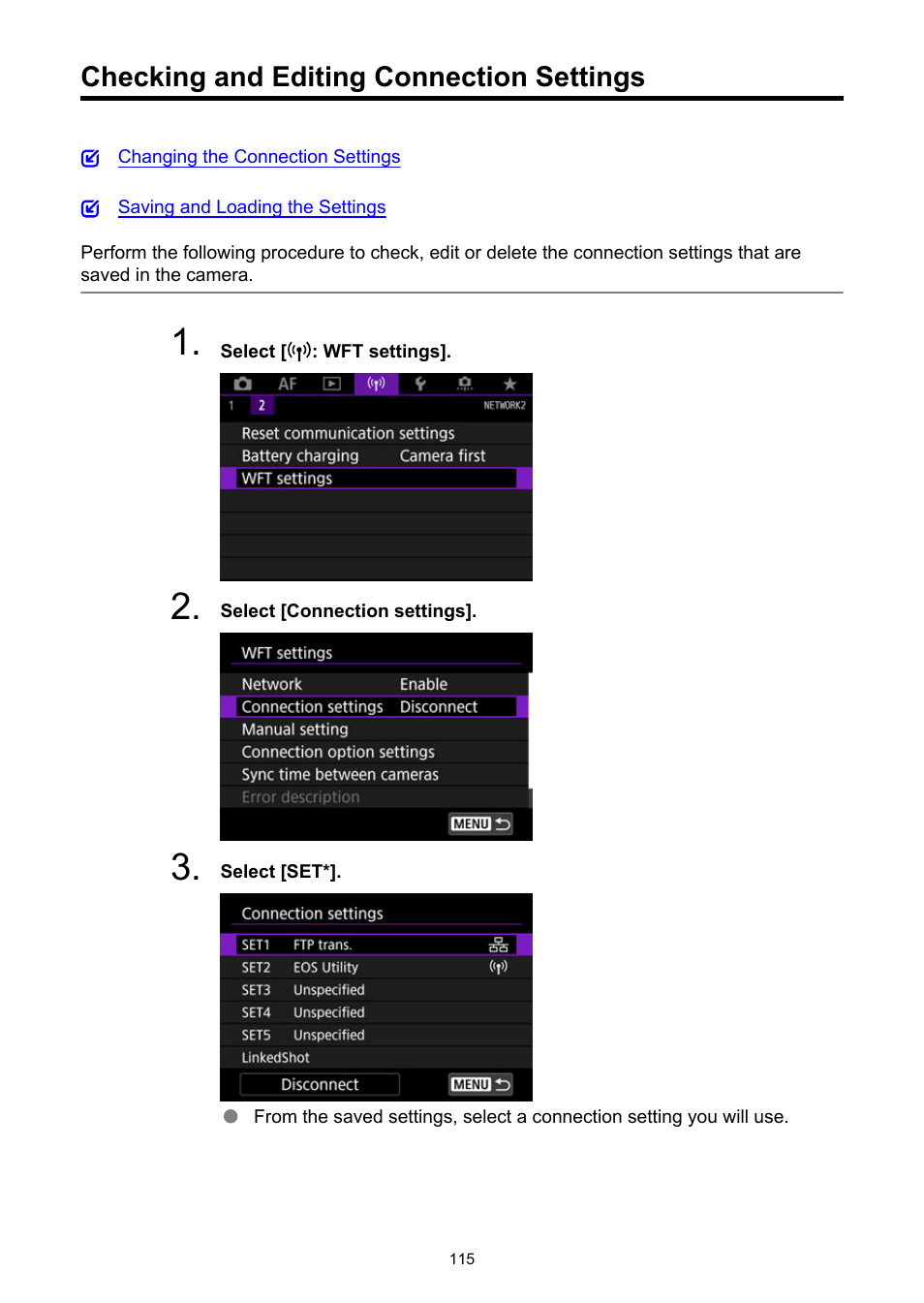 Checking and editing connection settings | Canon WFT-R10A Wireless File Transmitter for EOS R5 C & R5 Mirrorless Camera User Manual | Page 115 / 176