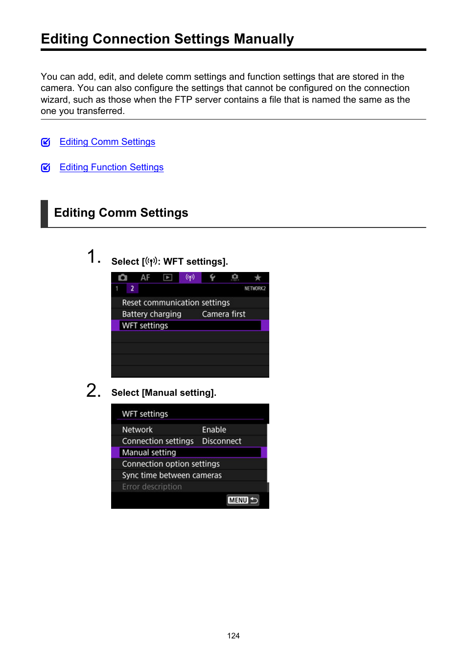 Editing connection settings manually | Canon WFT-R10A Wireless File Transmitter for EOS R5 C & R5 Mirrorless Camera User Manual | Page 124 / 176