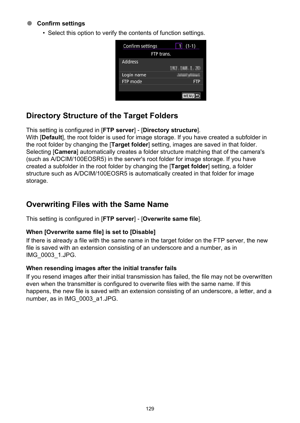 Directory structure of the target folders, Overwriting files with the same name | Canon WFT-R10A Wireless File Transmitter for EOS R5 C & R5 Mirrorless Camera User Manual | Page 129 / 176