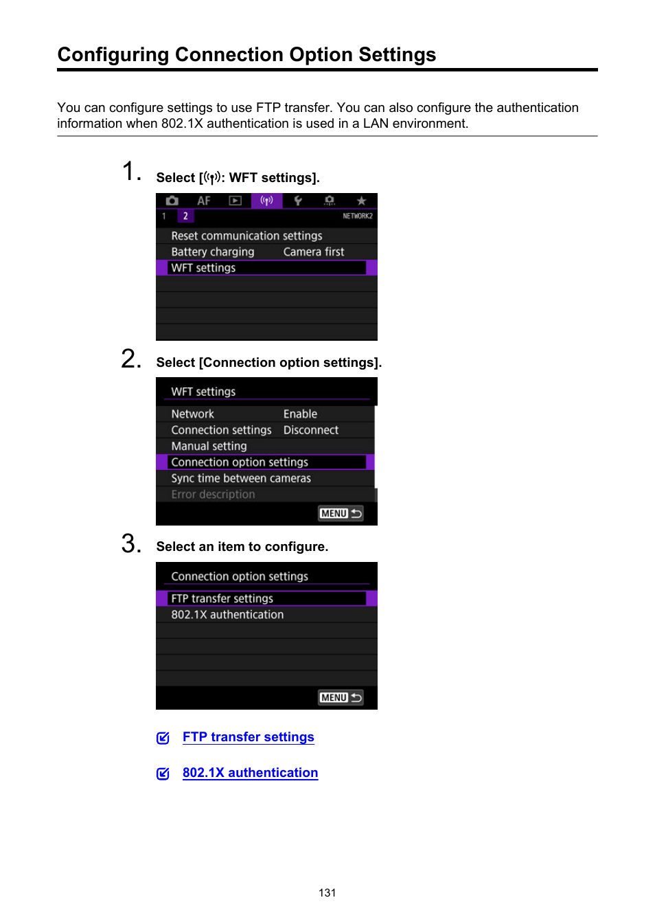 Configuring connection option settings | Canon WFT-R10A Wireless File Transmitter for EOS R5 C & R5 Mirrorless Camera User Manual | Page 131 / 176