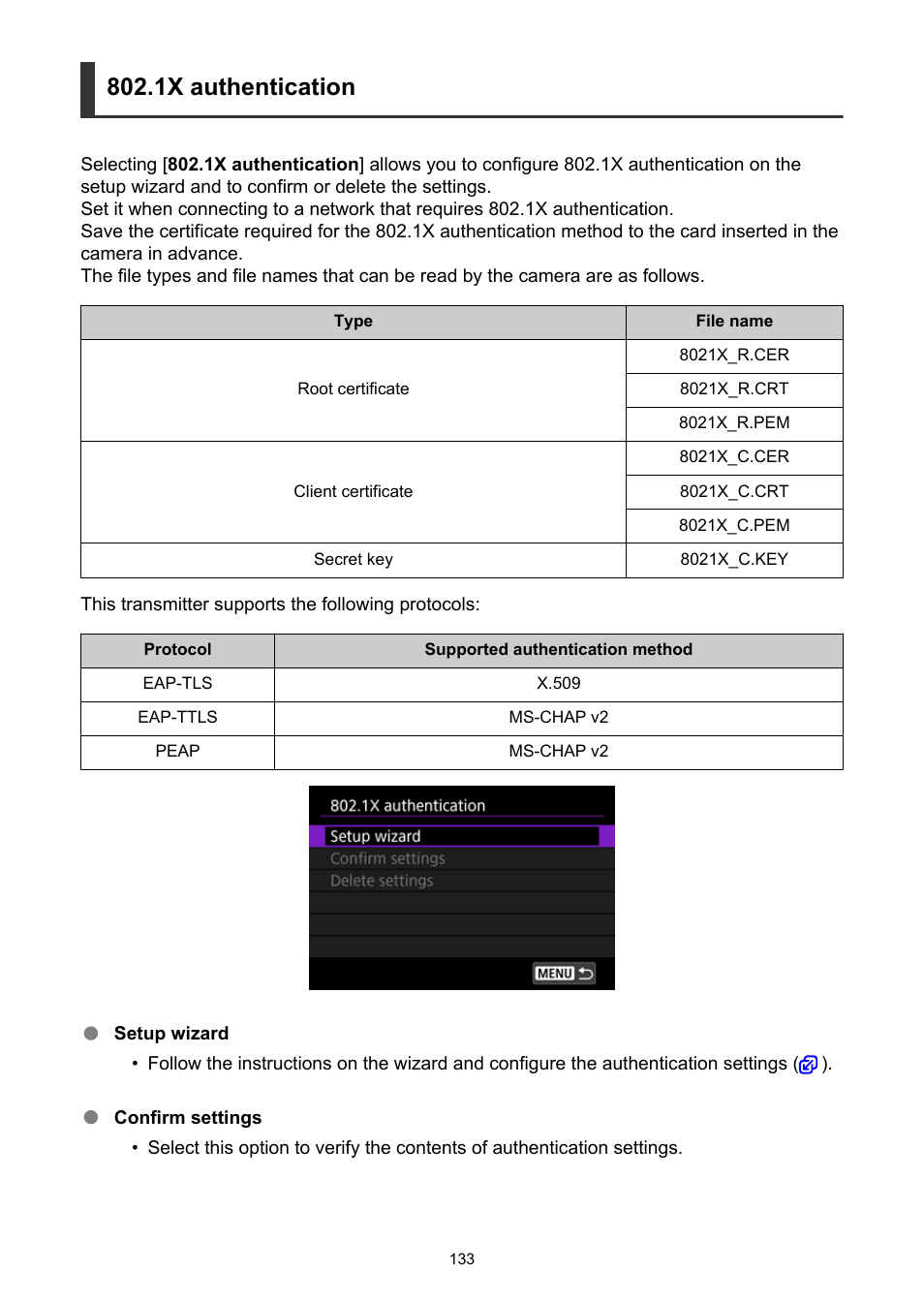 1x authentication | Canon WFT-R10A Wireless File Transmitter for EOS R5 C & R5 Mirrorless Camera User Manual | Page 133 / 176