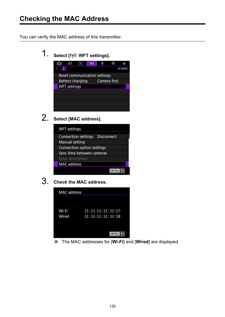 Checking the mac address, Screen | Canon WFT-R10A Wireless File Transmitter for EOS R5 C & R5 Mirrorless Camera User Manual | Page 135 / 176