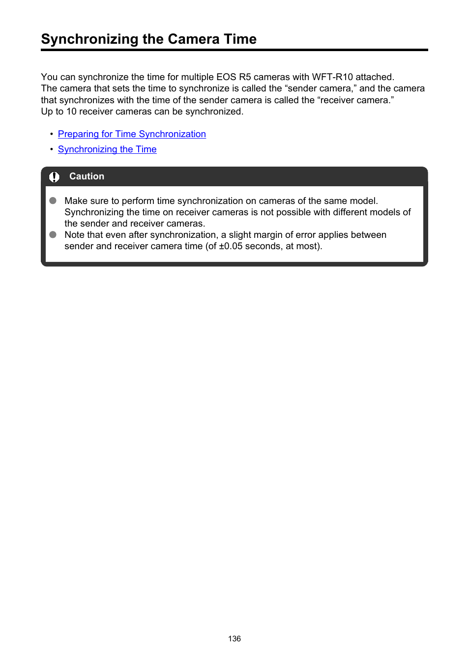 Synchronizing the camera time | Canon WFT-R10A Wireless File Transmitter for EOS R5 C & R5 Mirrorless Camera User Manual | Page 136 / 176