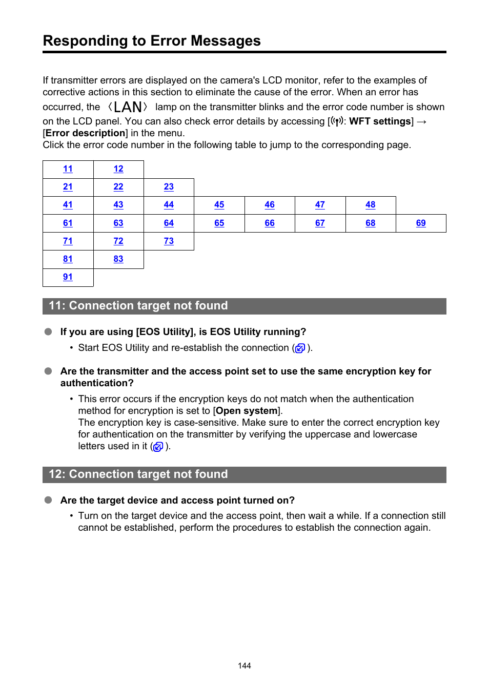 Responding to error messages, Connection target not found | Canon WFT-R10A Wireless File Transmitter for EOS R5 C & R5 Mirrorless Camera User Manual | Page 144 / 176