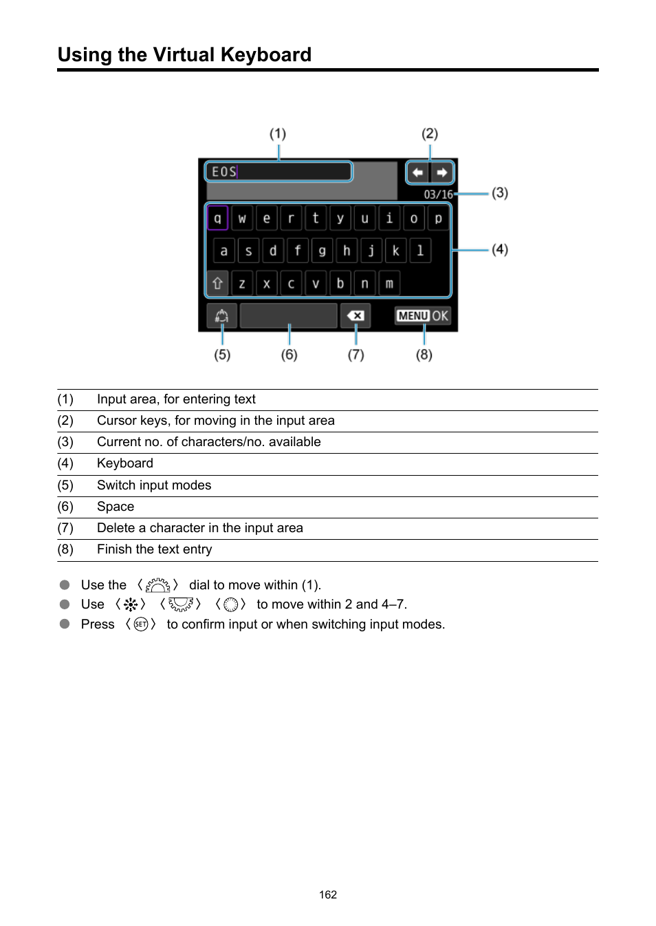 Using the virtual keyboard | Canon WFT-R10A Wireless File Transmitter for EOS R5 C & R5 Mirrorless Camera User Manual | Page 162 / 176