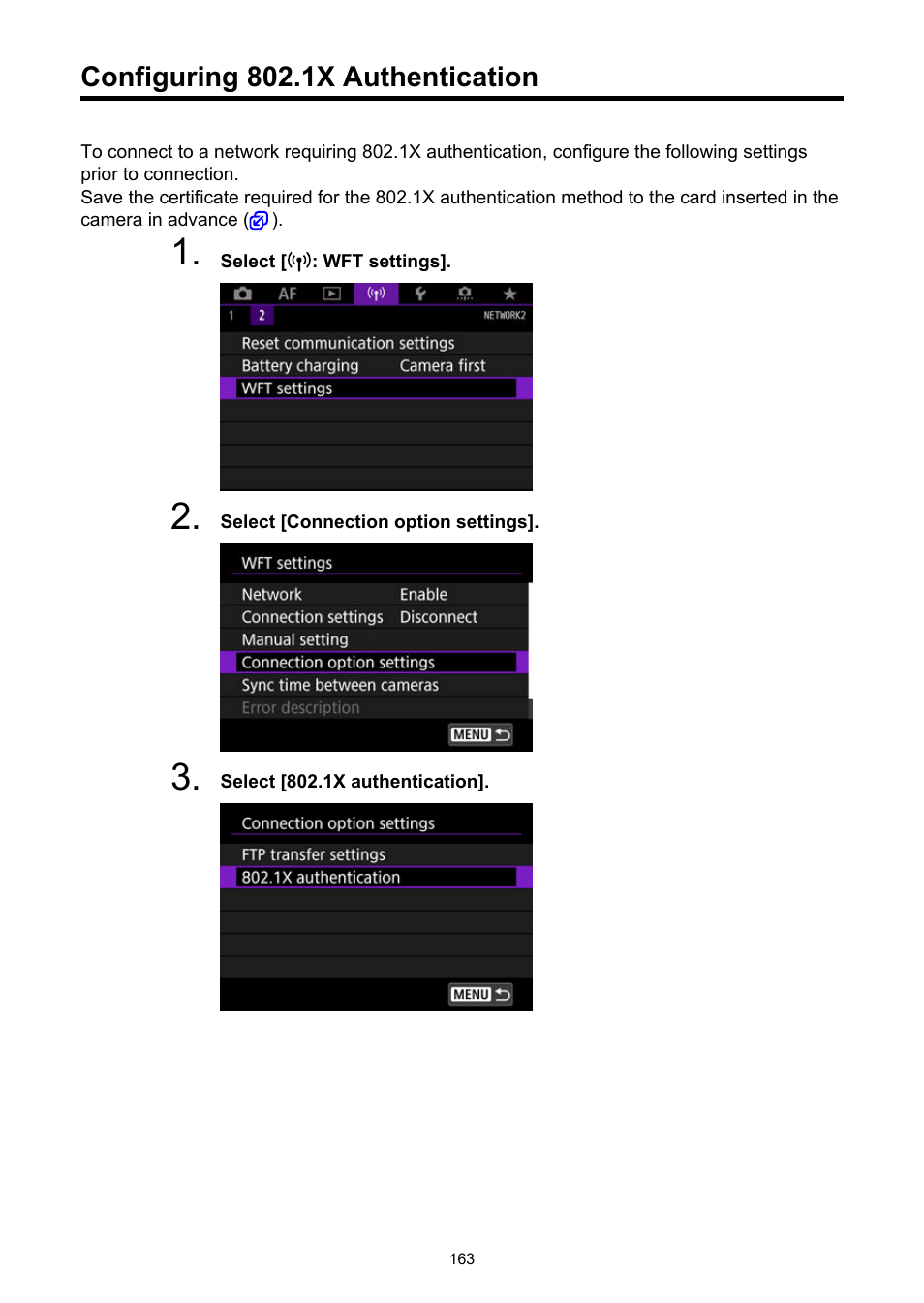 Configuring 802.1x authentication | Canon WFT-R10A Wireless File Transmitter for EOS R5 C & R5 Mirrorless Camera User Manual | Page 163 / 176