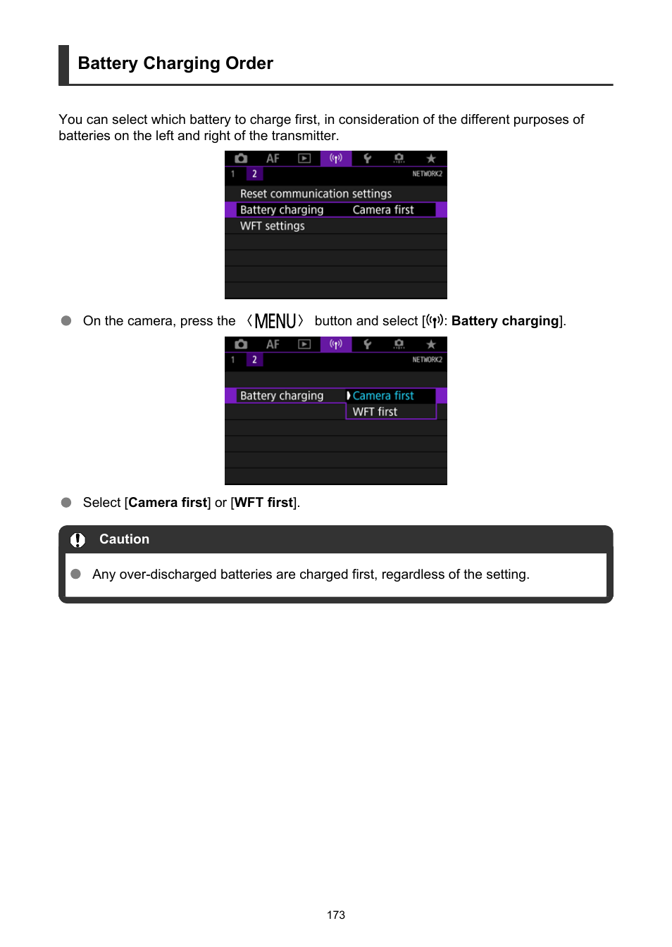 Battery charging order | Canon WFT-R10A Wireless File Transmitter for EOS R5 C & R5 Mirrorless Camera User Manual | Page 173 / 176