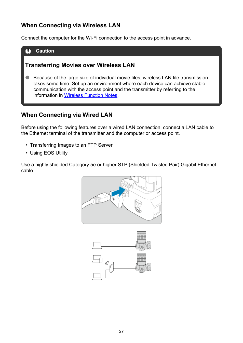 When connecting via wireless lan, When connecting via wired lan | Canon WFT-R10A Wireless File Transmitter for EOS R5 C & R5 Mirrorless Camera User Manual | Page 27 / 176