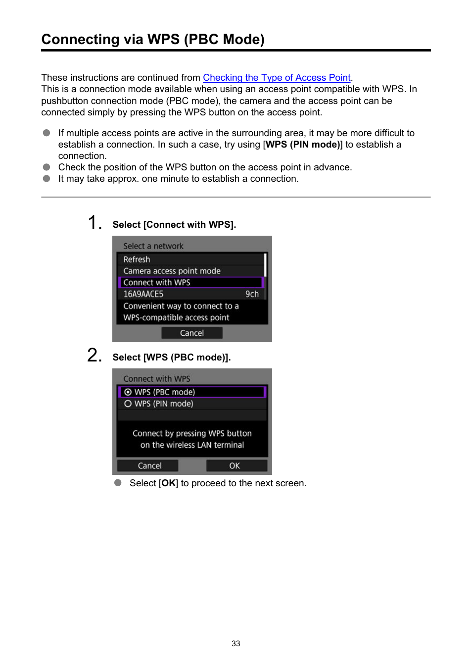 Connecting via wps (pbc mode) | Canon WFT-R10A Wireless File Transmitter for EOS R5 C & R5 Mirrorless Camera User Manual | Page 33 / 176