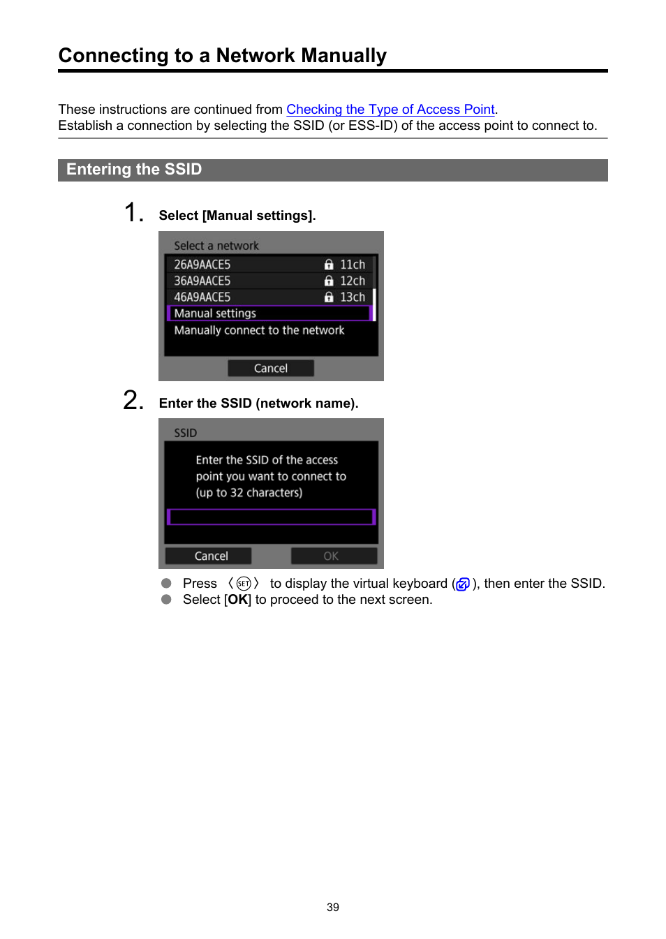 Connecting to a network manually | Canon WFT-R10A Wireless File Transmitter for EOS R5 C & R5 Mirrorless Camera User Manual | Page 39 / 176