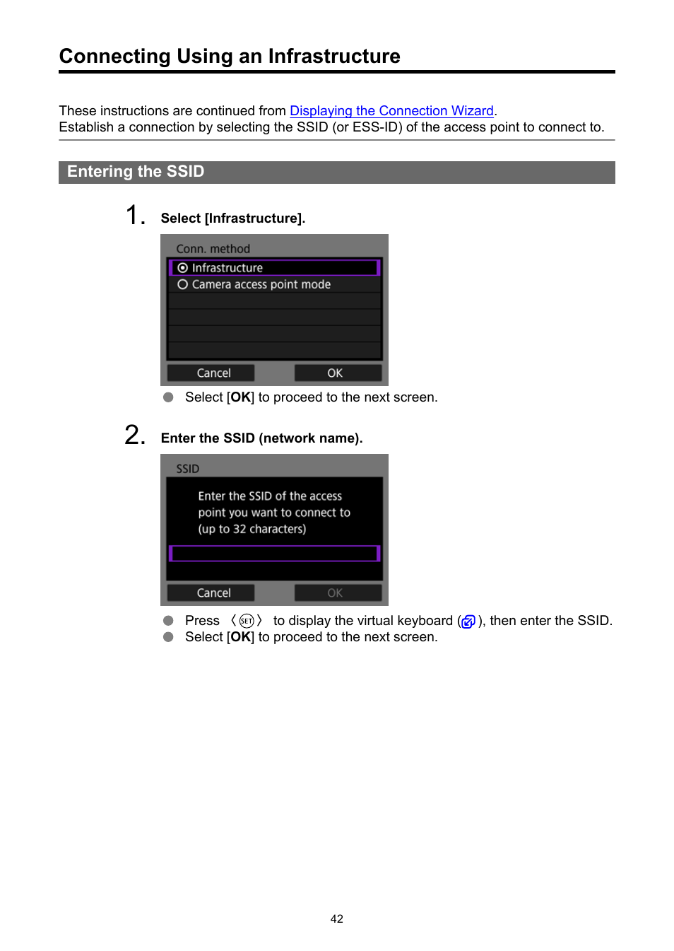 Connecting using an infrastructure, Connecting using an, Infrastructure | Canon WFT-R10A Wireless File Transmitter for EOS R5 C & R5 Mirrorless Camera User Manual | Page 42 / 176