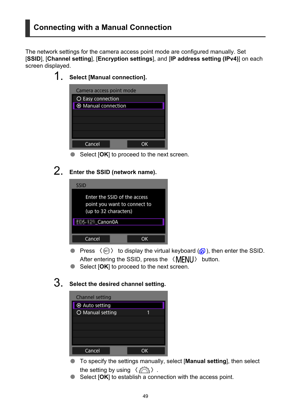 Connecting with a manual connection | Canon WFT-R10A Wireless File Transmitter for EOS R5 C & R5 Mirrorless Camera User Manual | Page 49 / 176