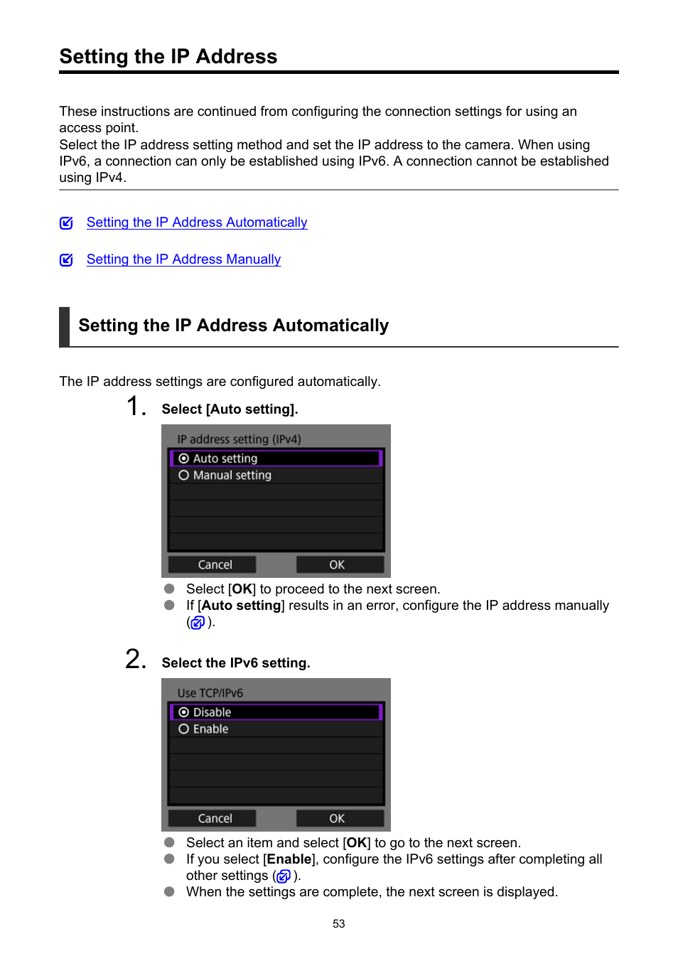 Setting the ip address, Go to, When the | Canon WFT-R10A Wireless File Transmitter for EOS R5 C & R5 Mirrorless Camera User Manual | Page 53 / 176