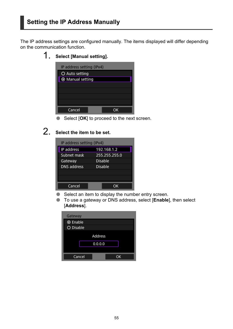 Setting the ip address manually | Canon WFT-R10A Wireless File Transmitter for EOS R5 C & R5 Mirrorless Camera User Manual | Page 55 / 176