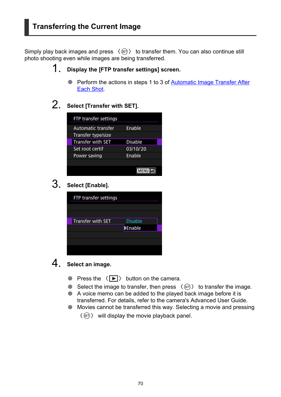 Transferring the current image | Canon WFT-R10A Wireless File Transmitter for EOS R5 C & R5 Mirrorless Camera User Manual | Page 70 / 176