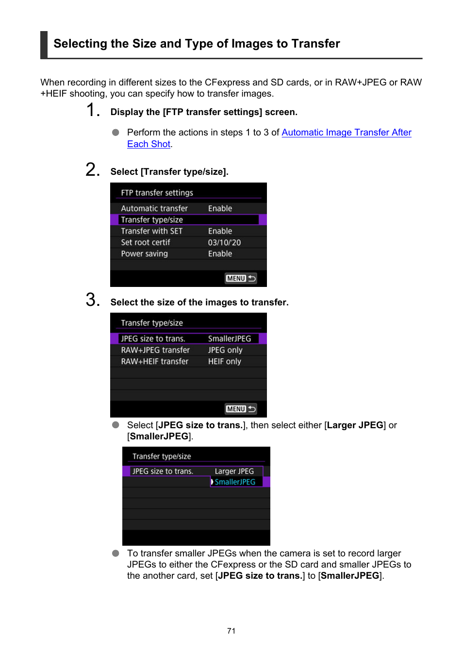 Selecting the size and type of images to transfer | Canon WFT-R10A Wireless File Transmitter for EOS R5 C & R5 Mirrorless Camera User Manual | Page 71 / 176