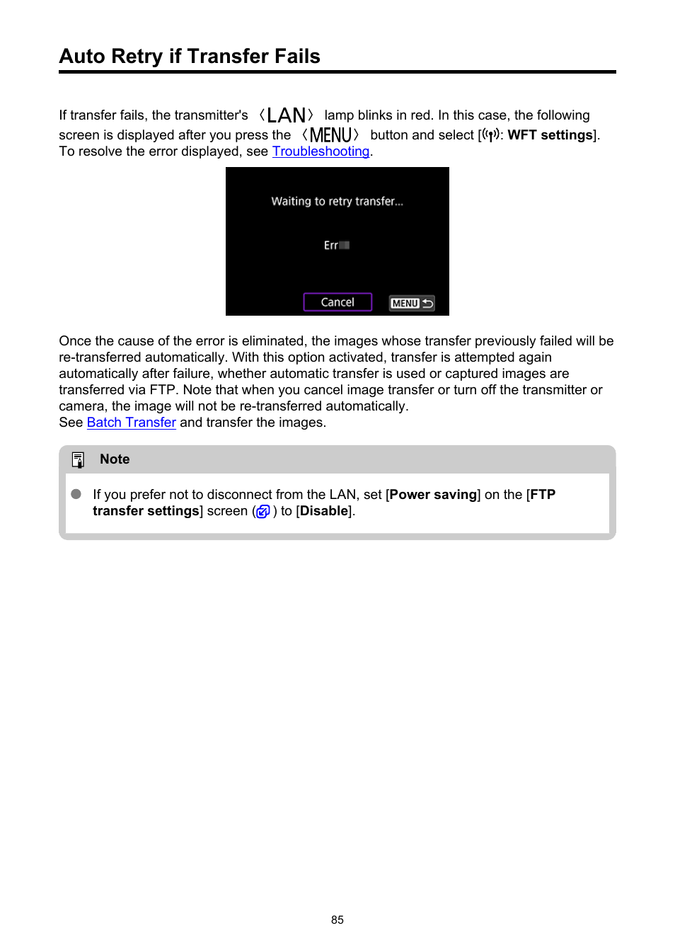 Auto retry if transfer fails, When the connection is recovered, These images can also be re-transferred in | Canon WFT-R10A Wireless File Transmitter for EOS R5 C & R5 Mirrorless Camera User Manual | Page 85 / 176