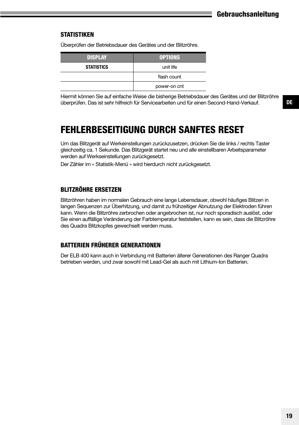Fehlerbeseitigung durch sanftes reset, Gebrauchsanleitung | Elinchrom Plug-In Flashtube Pro 400 for Quadra Pro and Quadra S Heads User Manual | Page 20 / 110