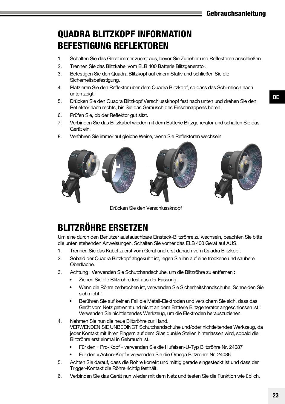 Blitzröhre ersetzen, Gebrauchsanleitung | Elinchrom Plug-In Flashtube Pro 400 for Quadra Pro and Quadra S Heads User Manual | Page 24 / 110