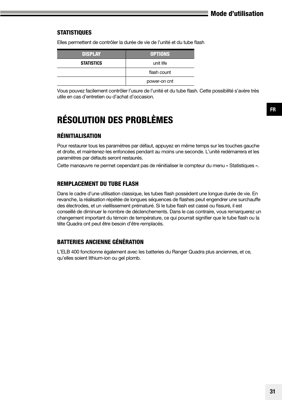 Résolution des problèmes, Mode d’utilisation | Elinchrom Plug-In Flashtube Pro 400 for Quadra Pro and Quadra S Heads User Manual | Page 32 / 110