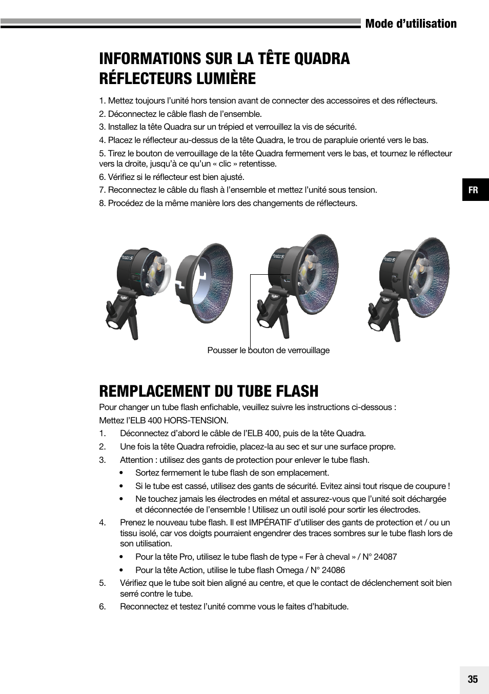Remplacement du tube flash, Mode d’utilisation | Elinchrom Plug-In Flashtube Pro 400 for Quadra Pro and Quadra S Heads User Manual | Page 36 / 110
