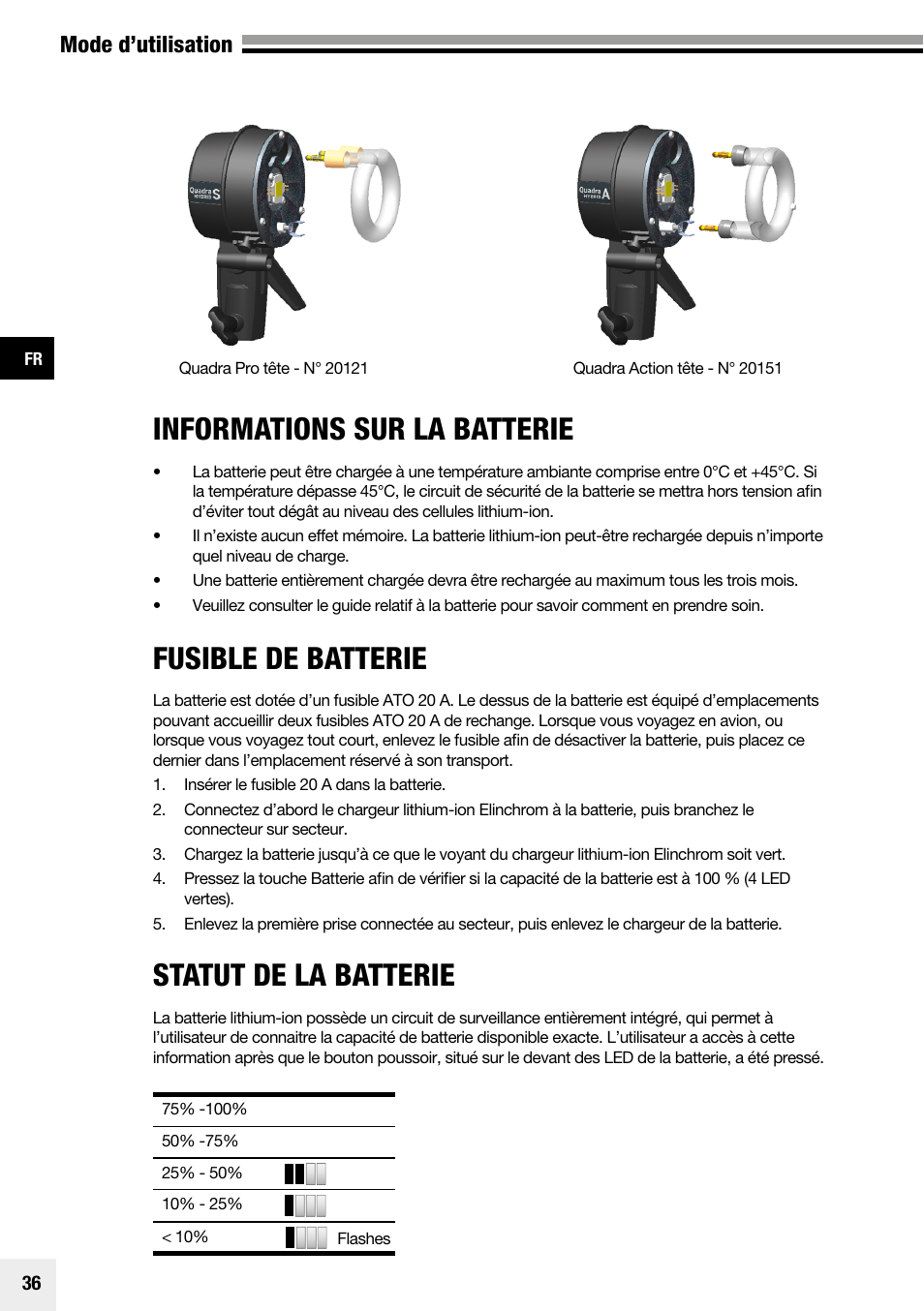Fusible de batterie, Informations sur la batterie, Statut de la batterie | Mode d’utilisation | Elinchrom Plug-In Flashtube Pro 400 for Quadra Pro and Quadra S Heads User Manual | Page 37 / 110
