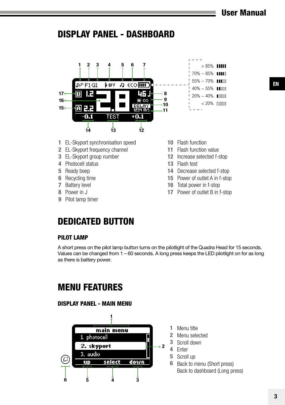Display panel - dashboard dedicated button, Menu features, Display panel - dashboard | Display panel - main menu, User manual | Elinchrom Plug-In Flashtube Pro 400 for Quadra Pro and Quadra S Heads User Manual | Page 4 / 110