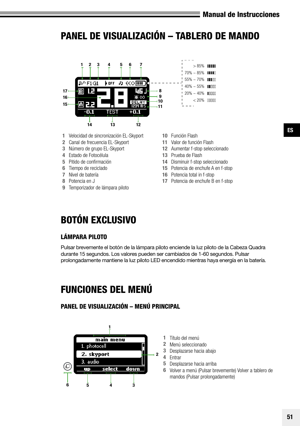 Funciones del menú, Panel de visualización – tablero de mando, Display panel - main menu | Manual de instrucciones, Lámpara piloto, Panel de visualización – menú principal | Elinchrom Plug-In Flashtube Pro 400 for Quadra Pro and Quadra S Heads User Manual | Page 52 / 110