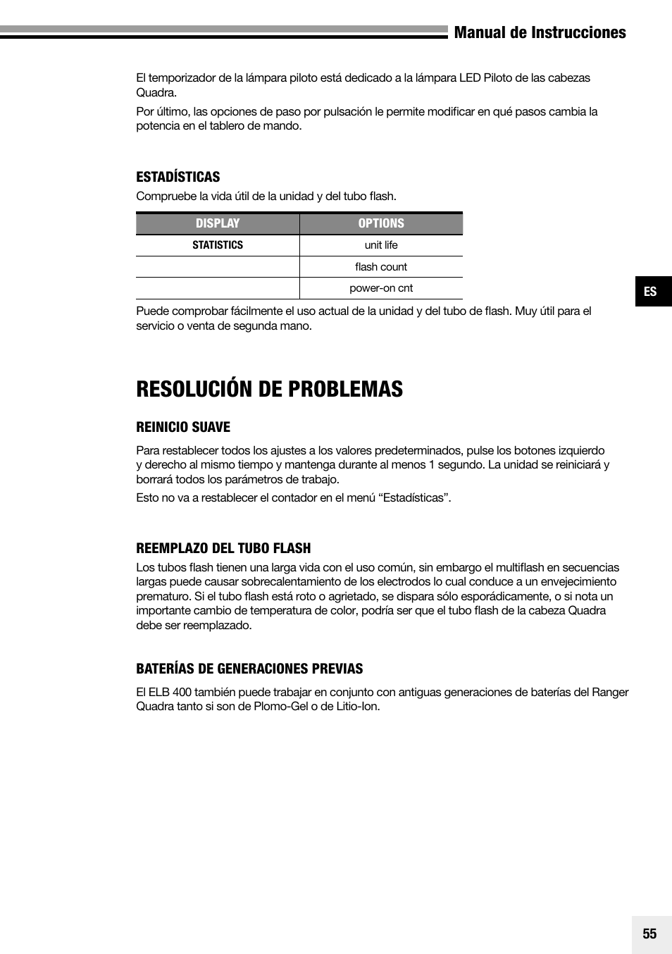 Resolución de problemas, Manual de instrucciones | Elinchrom Plug-In Flashtube Pro 400 for Quadra Pro and Quadra S Heads User Manual | Page 56 / 110