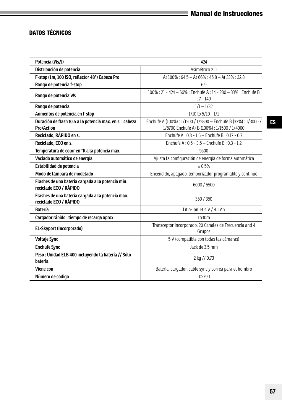 Manual de instrucciones | Elinchrom Plug-In Flashtube Pro 400 for Quadra Pro and Quadra S Heads User Manual | Page 58 / 110