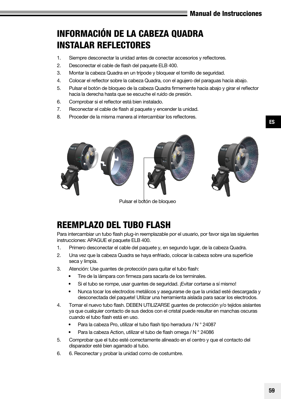 Reemplazo del tubo flash, Manual de instrucciones | Elinchrom Plug-In Flashtube Pro 400 for Quadra Pro and Quadra S Heads User Manual | Page 60 / 110