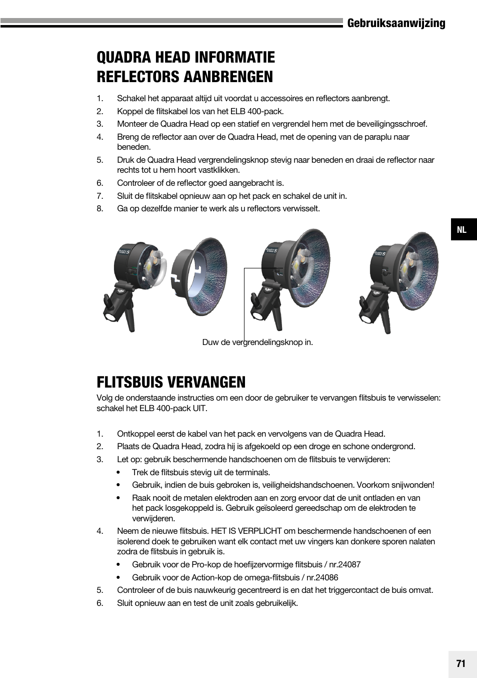 Quadra head informatie reflectors aanbrengen, Flitsbuis vervangen, Gebruiksaanwijzing | Elinchrom Plug-In Flashtube Pro 400 for Quadra Pro and Quadra S Heads User Manual | Page 72 / 110