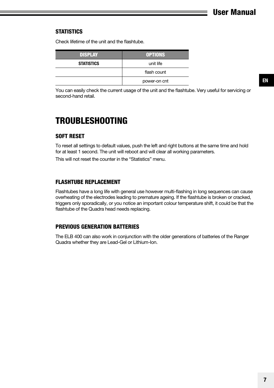 Troubleshooting, User manual | Elinchrom Plug-In Flashtube Pro 400 for Quadra Pro and Quadra S Heads User Manual | Page 8 / 110