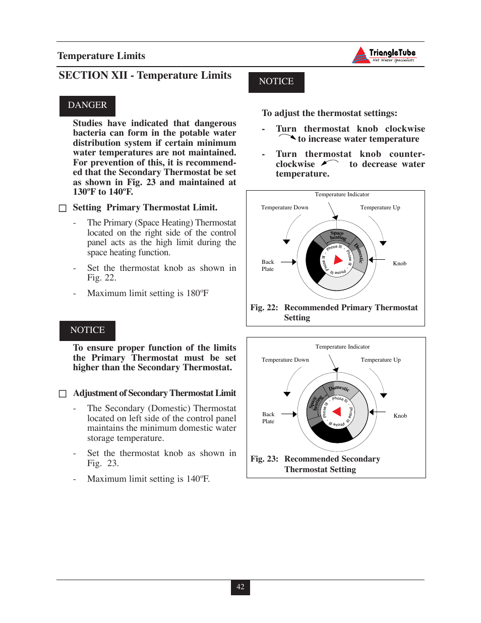 Temperature limits, Fig. 23: recommended secondary thermostat setting, Fig. 22: recommended primary thermostat setting | Delta F-25 User Manual | Page 47 / 57