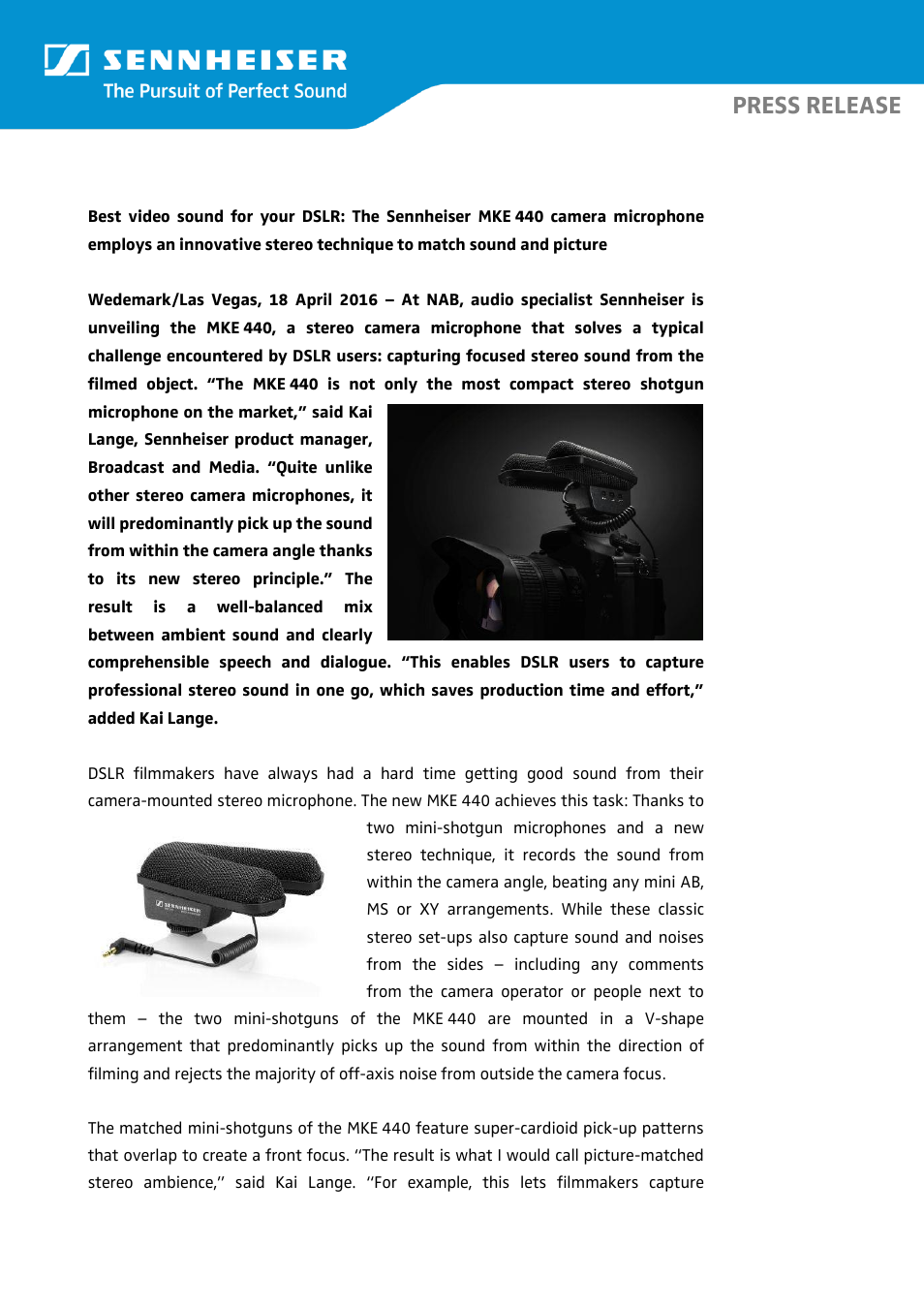 Sennheiser MKE 440 Compact Stereo Shotgun Microphone User Manual | 3 pages