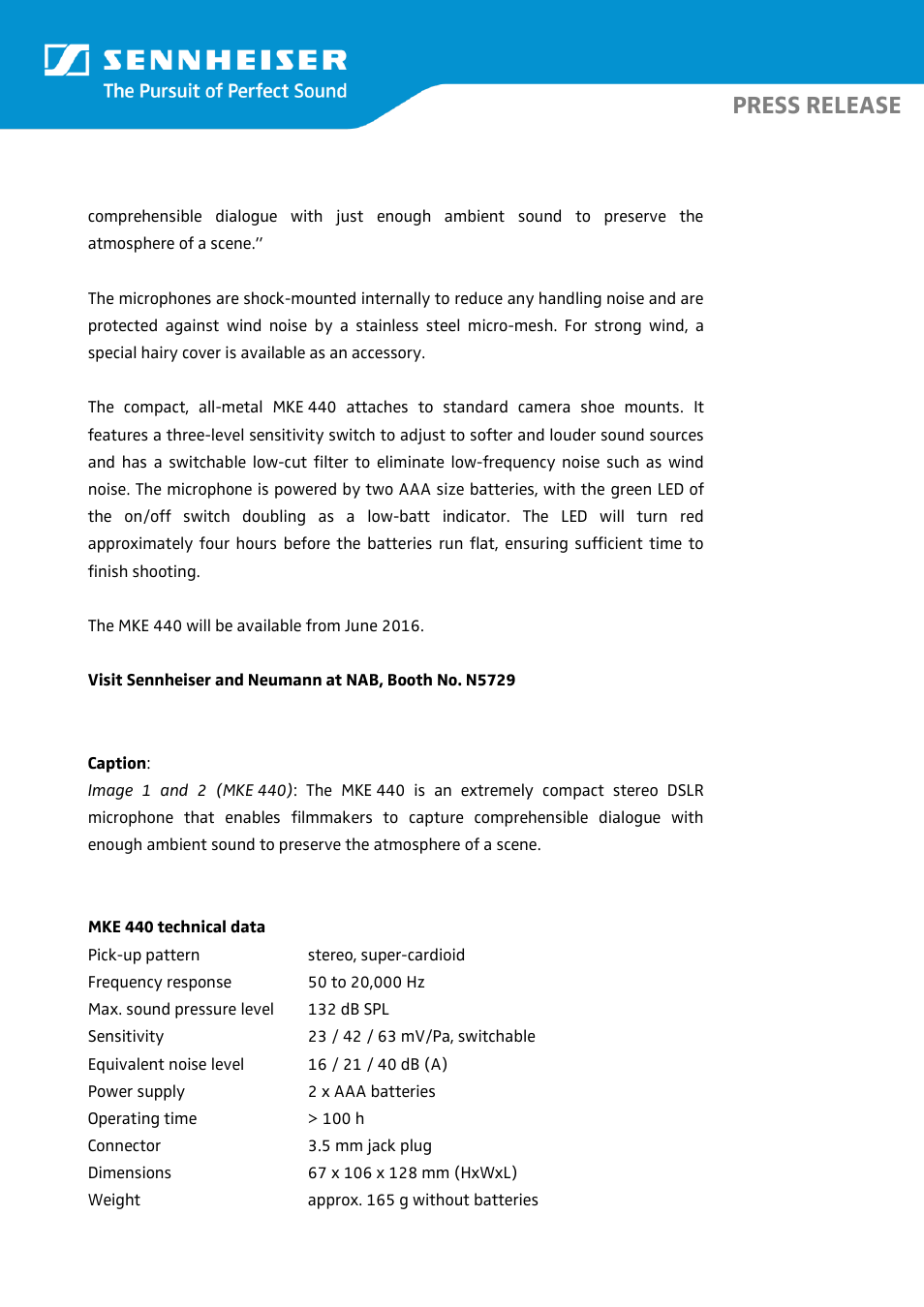 Press release | Sennheiser MKE 440 Compact Stereo Shotgun Microphone User Manual | Page 2 / 3