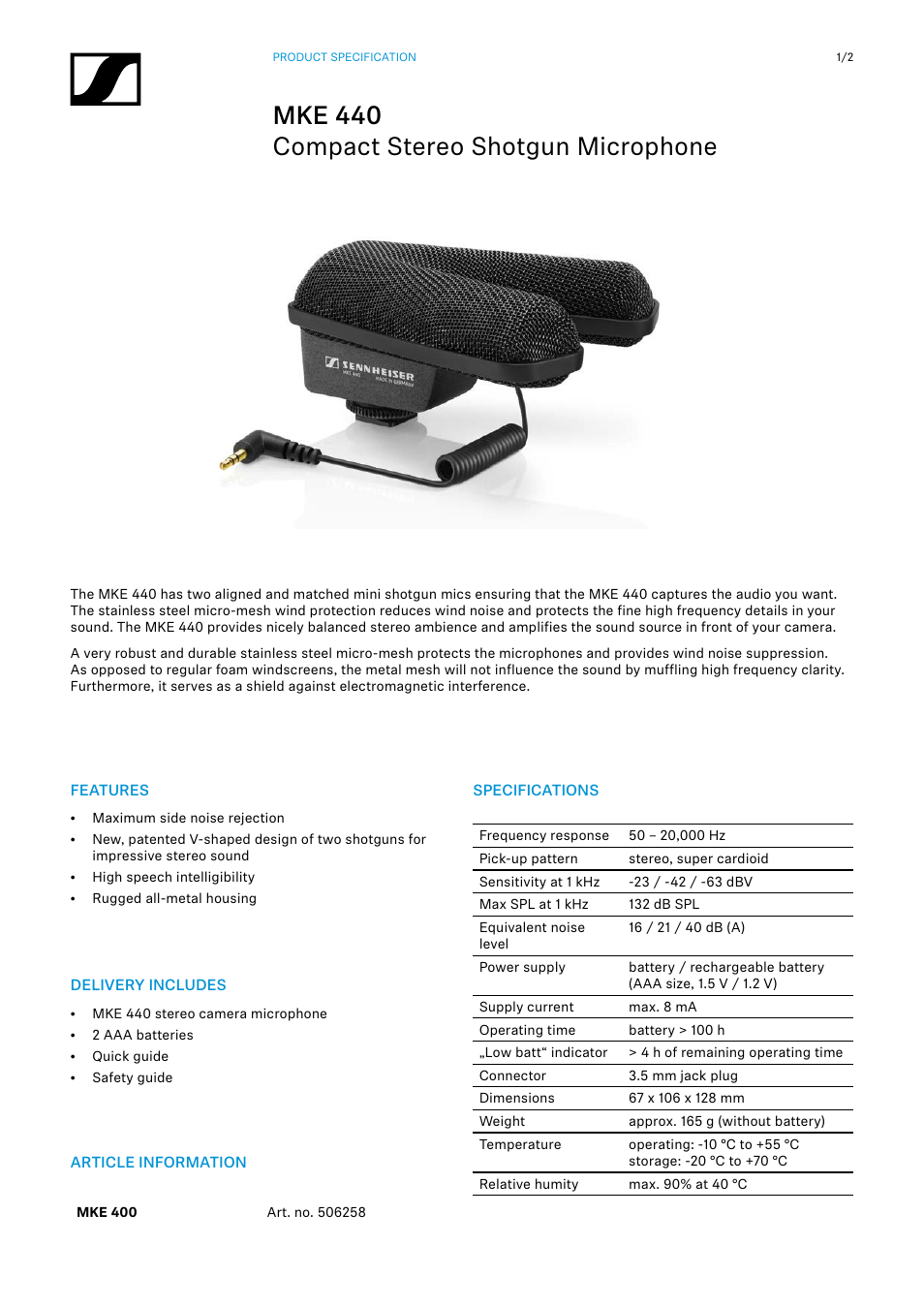 Sennheiser MKE 440 Compact Stereo Shotgun Microphone User Manual | 2 pages