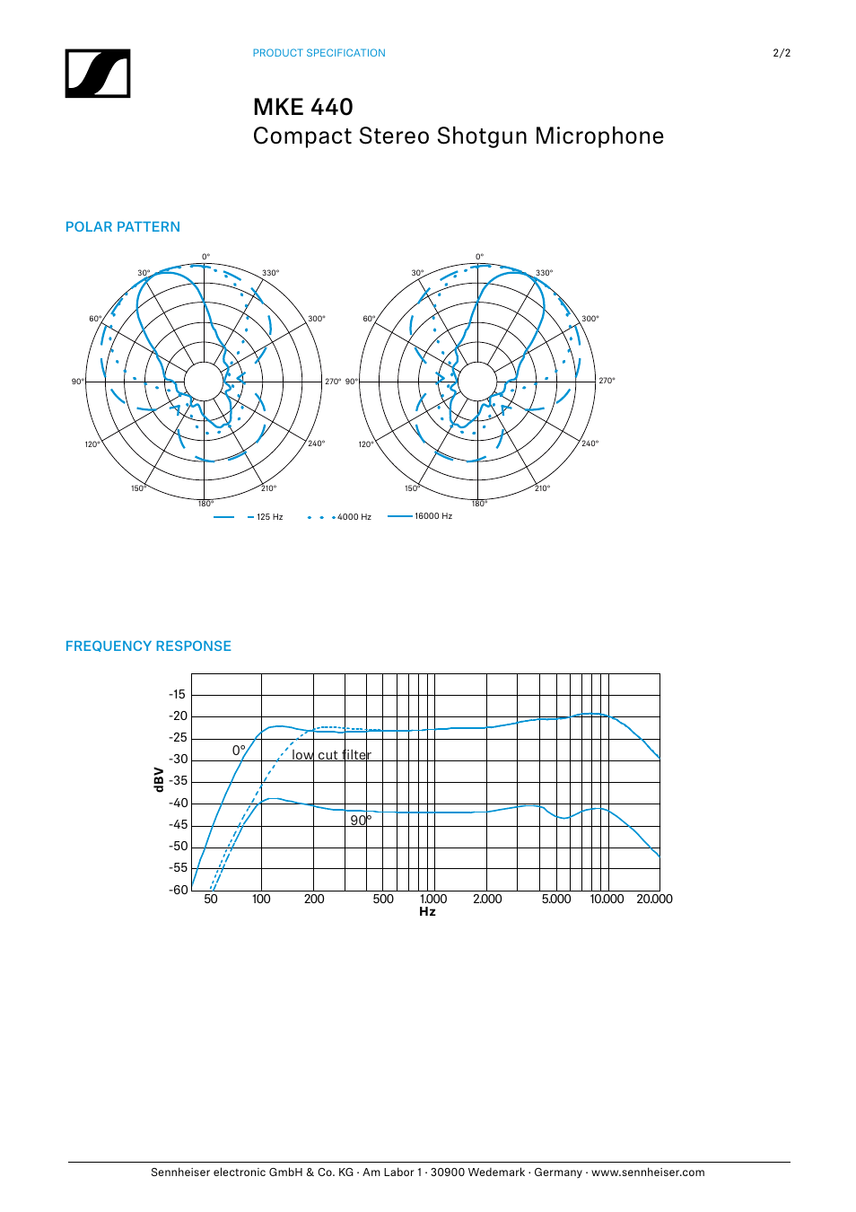 Mke 440 compact stereo shotgun microphone, Polar pattern frequency response | Sennheiser MKE 440 Compact Stereo Shotgun Microphone User Manual | Page 2 / 2