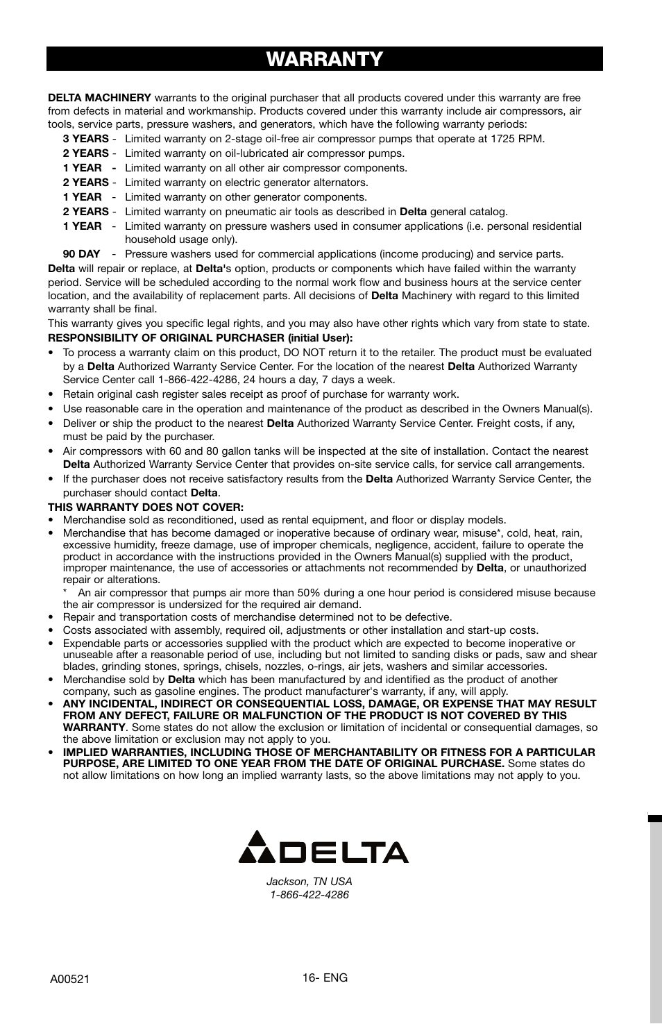 Warranty | Delta DTH2450 User Manual | Page 16 / 16